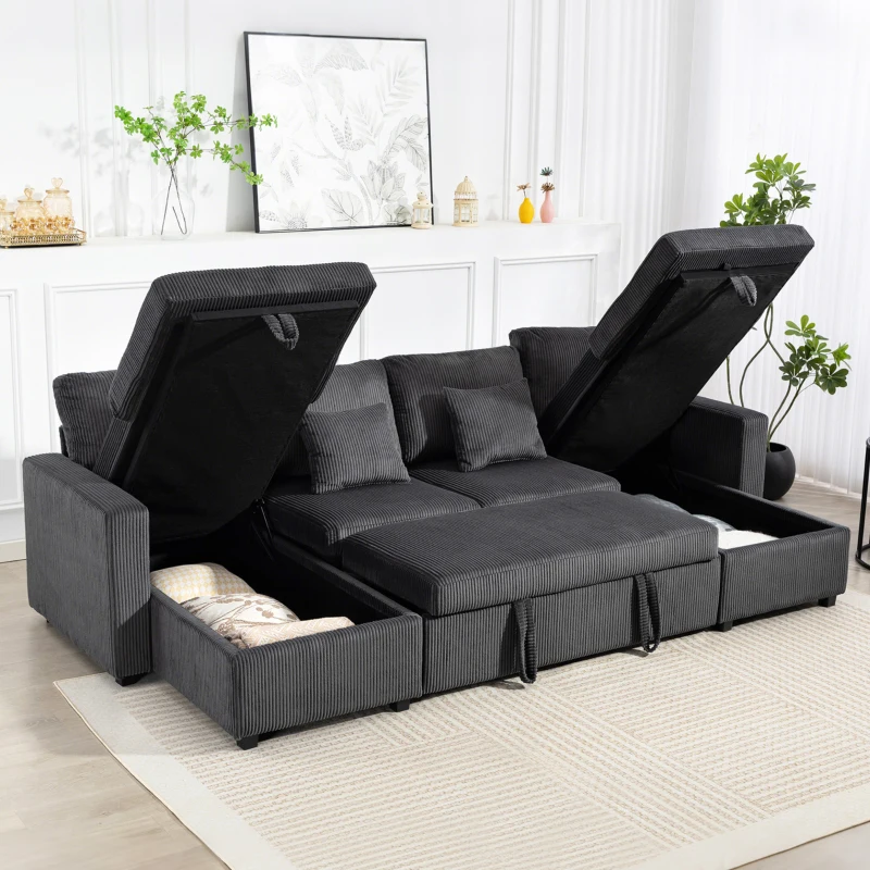 HOMCOM Convertible Sofa Bed, Corduroy U-Shaped Sleeper Sofa Couch with Storage Chaise, Pillows, Spring, Futon Couch, Grey