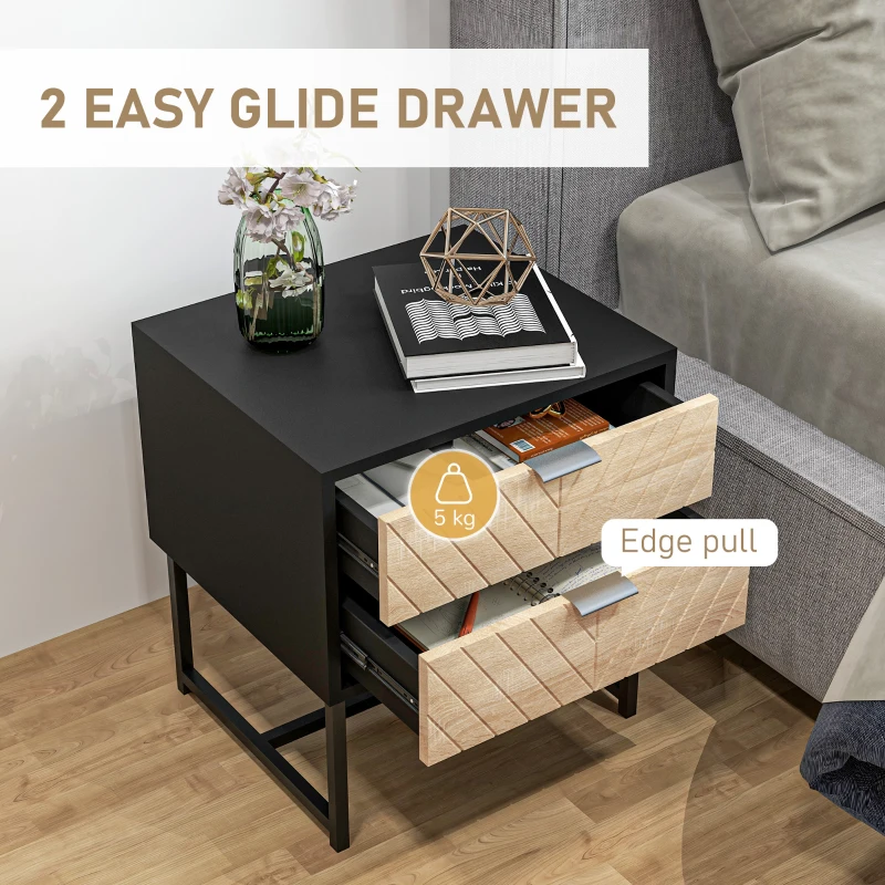 HOMCOM Modern Bedside Table with 2 Drawers and Steel Frame, Sofa Side Table for Bedroom Living Room, Black and Oak