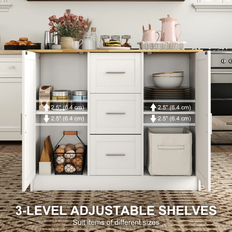 HOMCOM Kitchen Island with Storage Cabinets, 3 Drawers, 2 Adjustable Shelves and Sitting Space for Dining Room, White