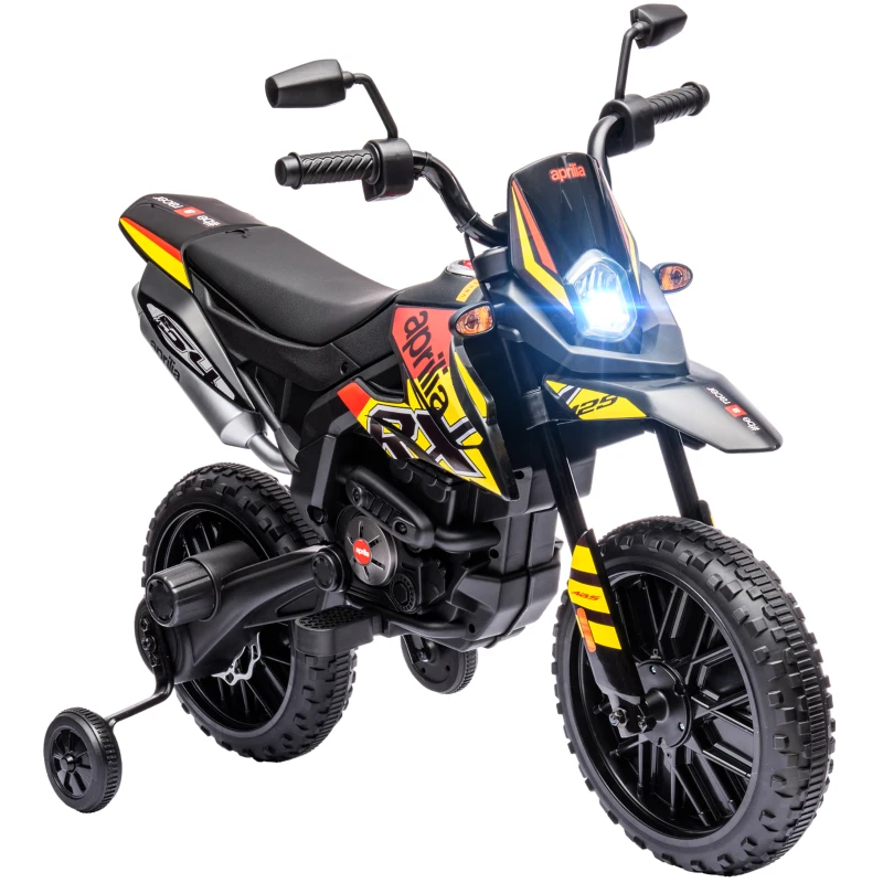 Qaba 12V Aprilia Licenced Kids Electric Motorcycle, Battery-Powered Dirt Bike with Training Wheels for Aged 3-8, Yellow