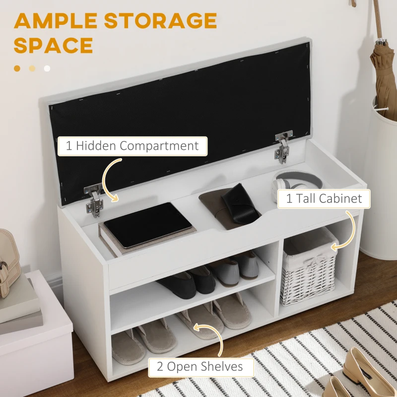 HOMCOM Shoe Bench Entryway Storage Rack with Padded Cushion, Hidden Storage for Hallway, Living Room, White