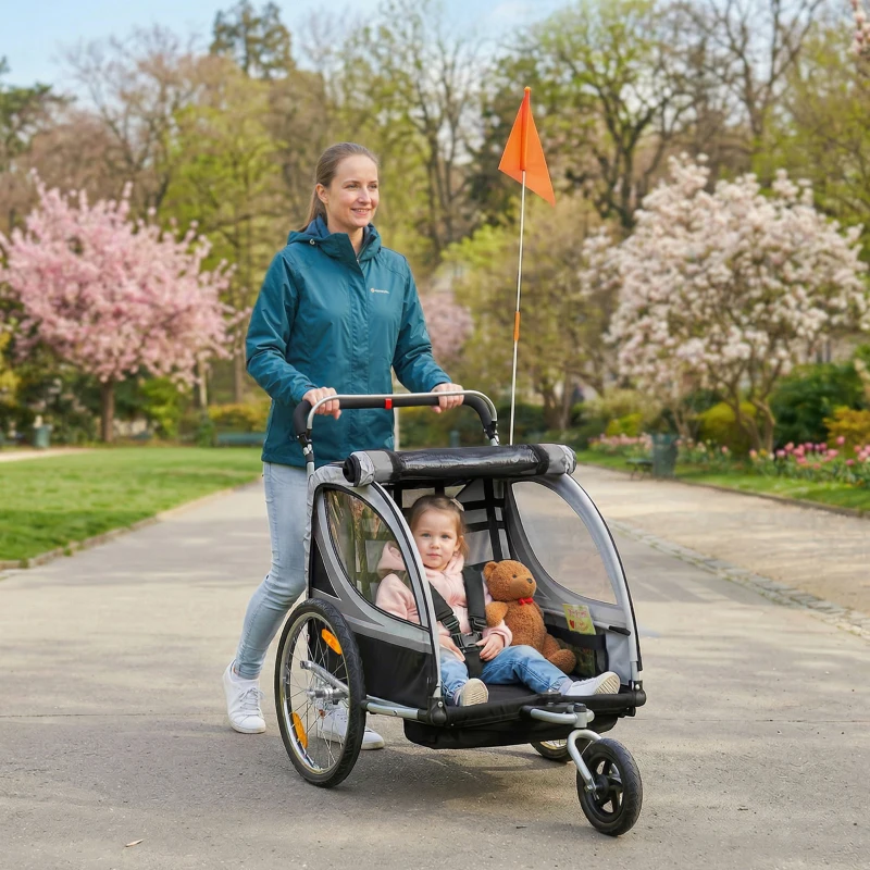 Aosom 2 Seat Bike Trailer for Kids 2-in-1 Baby Stroller with Handbrake, Rubber Wheels, 5 Point Harness, Reflectors, Grey