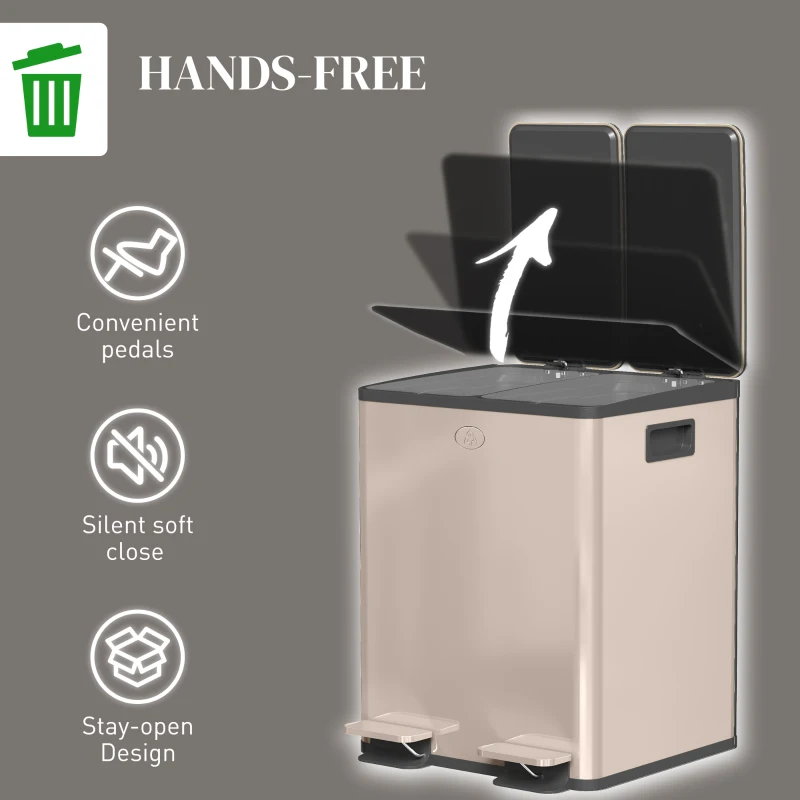 HOMCOM Garbage Bin, Soft-Close Trash Can with Foot Pedal, 2x5 Gal (2x20 L) Garbage Can with Removable Inner Buckets, Gold