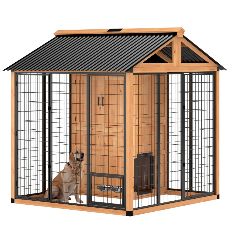 PawHut 86" L Dog House Outdoor, Wooden Dog Kennel with Storage Cabinet, Stainless Steel Bowls for Large Breeds, Yellow