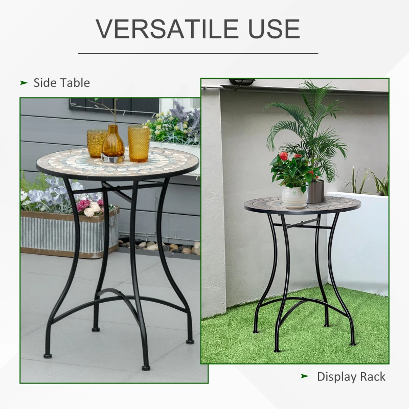 Outsunny Mosaic Patio Table, Round Coffee Table with Metal Frame, Garden Furniture for Outdoor, Poolside, Green