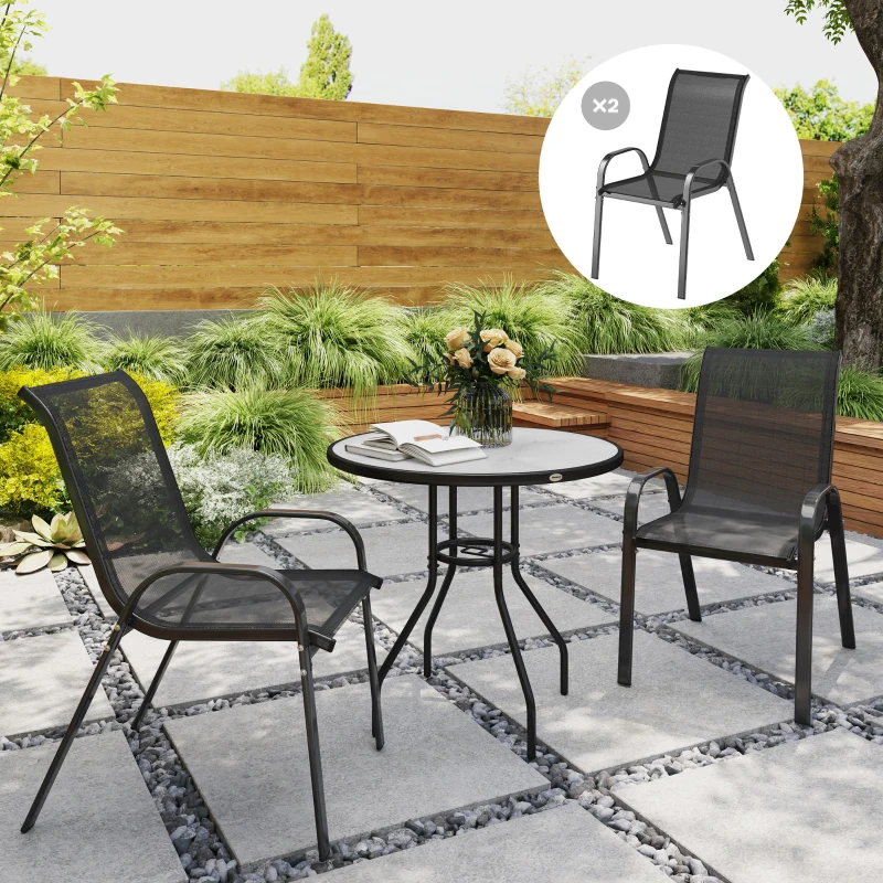 Outsunny Set of 2 Outdoor Dining Chairs, Stackable Lawn Chairs with High Back, Breathable Mesh Seat for Garden Porch, Black