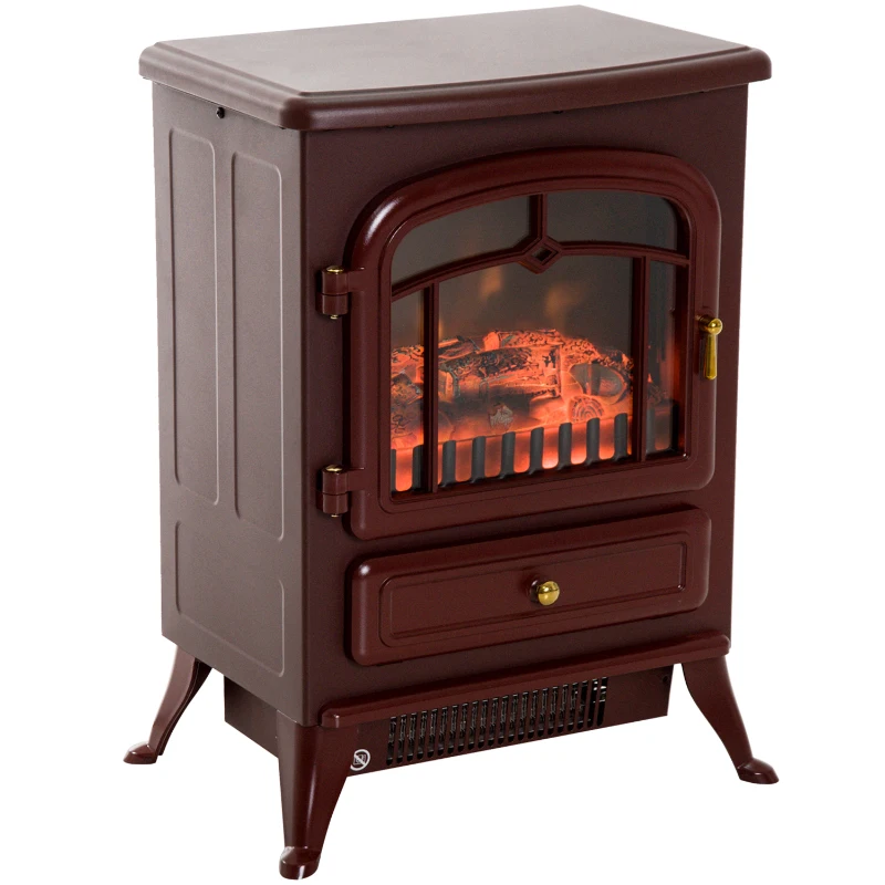 HOMCOM 16" Free Standing Electric Fireplace Portable Adjustable Stove with Heater Wood Burning Flame 750/1500W Red Brown