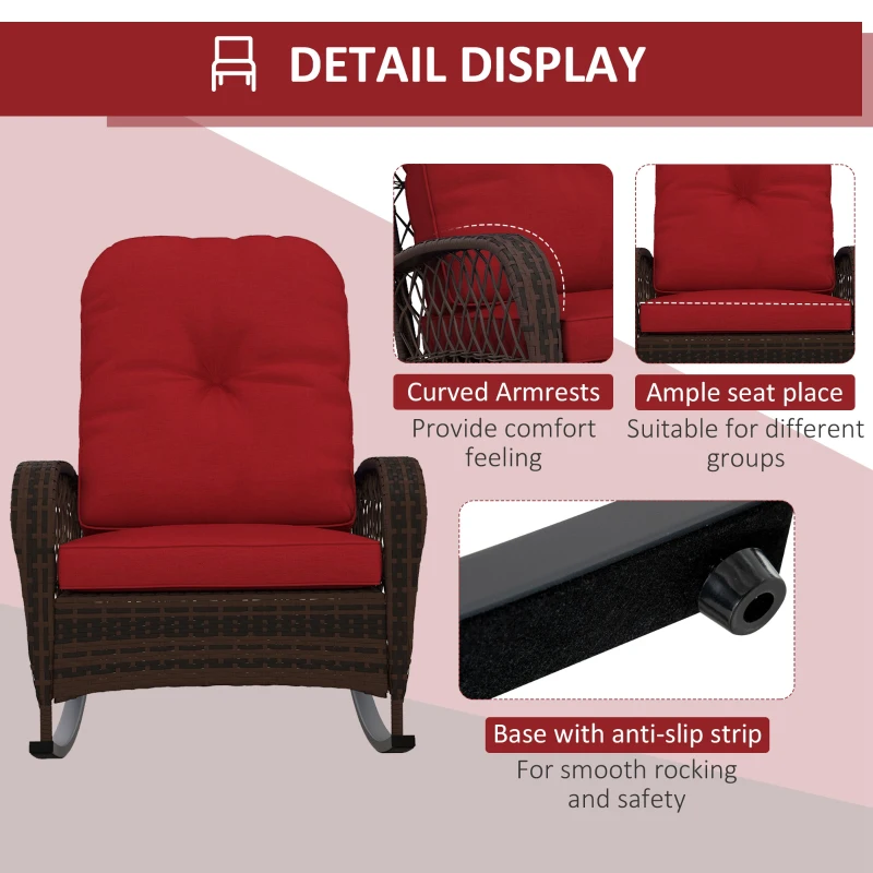 Outsunny Outdoor Wicker Rattan Rocking Chair Patio Rocker with Thick Cushions for Garden Backyard Porch, Red