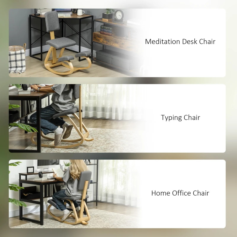 HOMCOM Ergonomic Kneeling Chair, Rocking Wood Kneel Stool with Backrest for Improve Posture, Back Pain, Grey