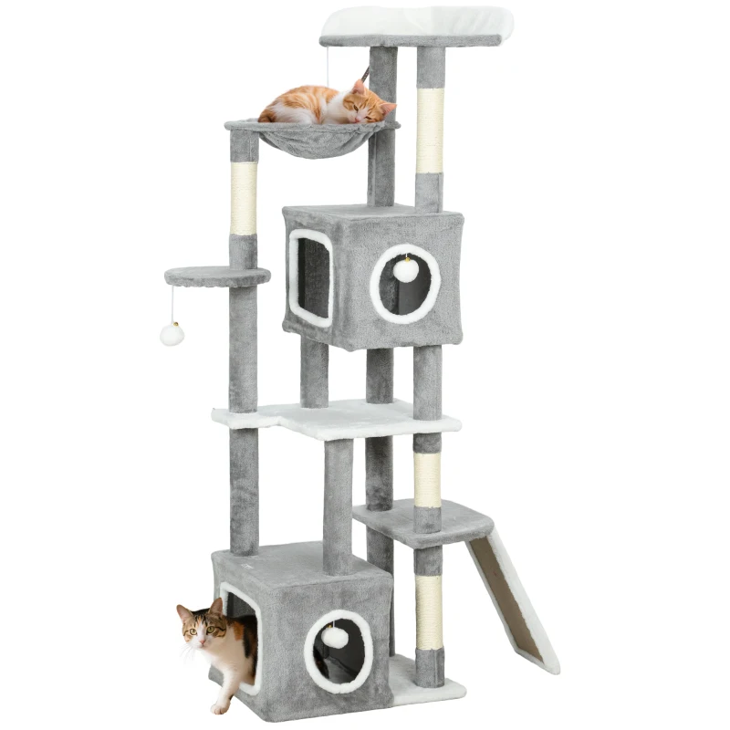 PawHut 65 Inch Cat Tree with 2 Doors Condos, Plush Top Perch, Hammock, Sisal Scratching Posts, 4 Pompoms, Ramp, Grey