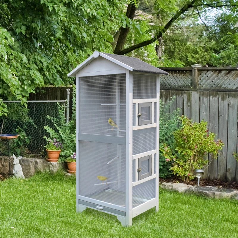 PawHut 60" Wooden Outdoor Bird Cage for Finches, Parakeet, Large Bird Cage with Removable Bottom Tray 4 Perch, Light Gray