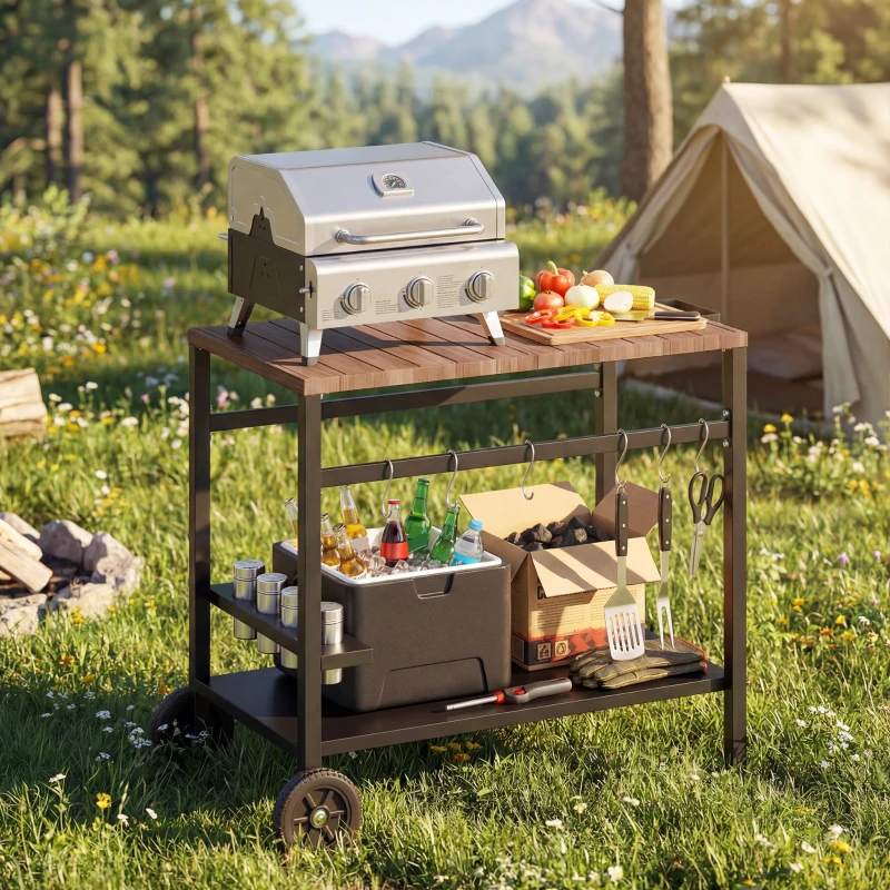 Outsunny Outdoor Grill Cart, 2-Tier Pizza Oven Stand, BBQ Stand with Beverage Holder, Hooks, Wheels, Black and Brown