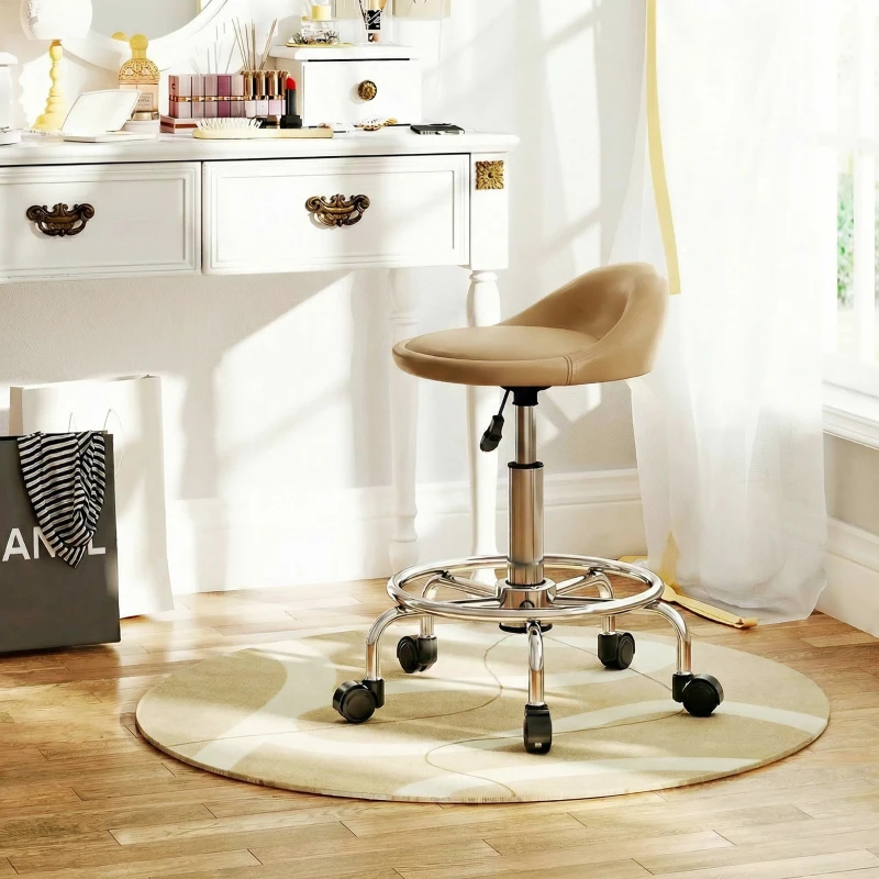 HOMCOM PU Leather Rolling Stool, Height Adjustable Swivel Salon Chair with Backrest and Foot Rest for Spa, Tattoo, Light Brown