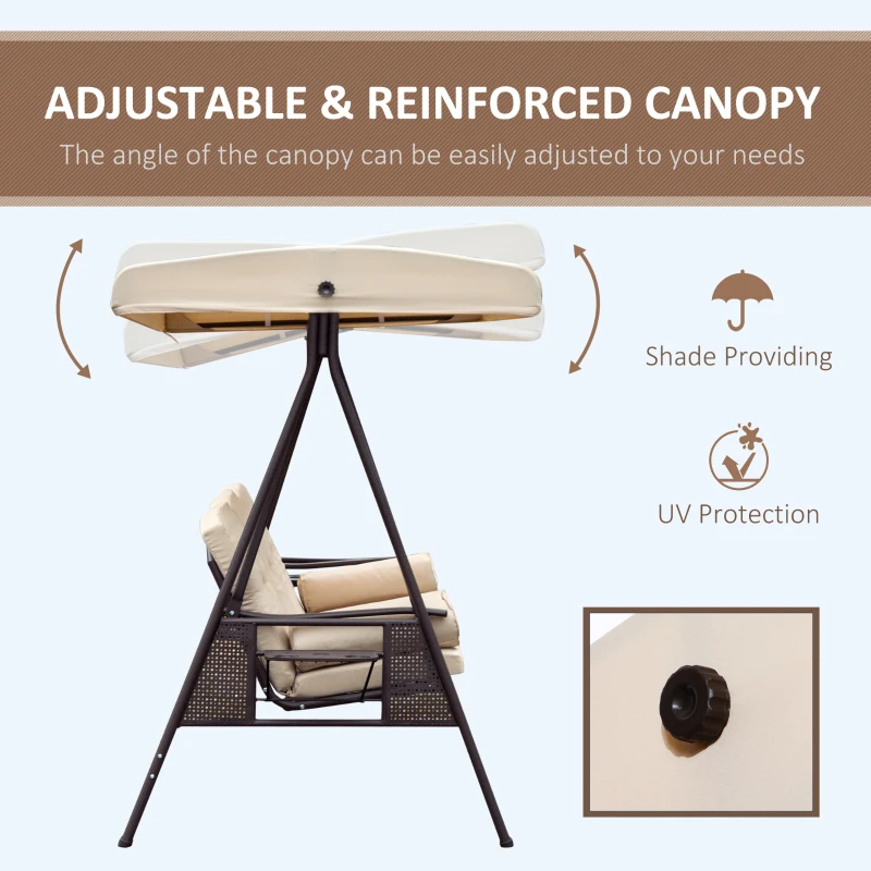 Outsunny 3 Seater Heavy Duty Swing Chair Outdoor Lounge Hammock Cushioned Seat W/ Tilt Canopy, Beige