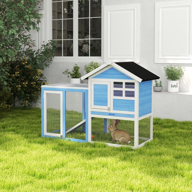 PawHut 49" Wooden Rabbit Hutch Bunny Cage with Waterproof Asphalt Roof, Fun Outdoor Run, Removable Tray and Ramp, Light Blue