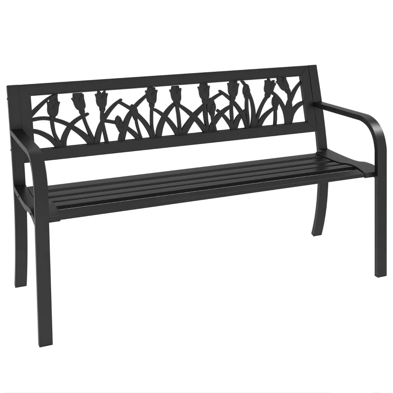 Outsunny 49" Metal Outdoor Bench Patio Bench with Curved Arms and Slatted Seat for Patio, Backyard, Lawn