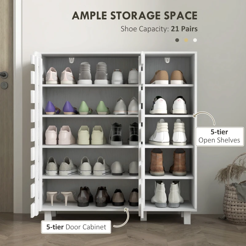 HOMCOM Shoe Cabinet, 21 Pair Shoe Storage Cabinet Organizer with 5-tier Double Door Cupboard and 5-tier Open Shelves, White