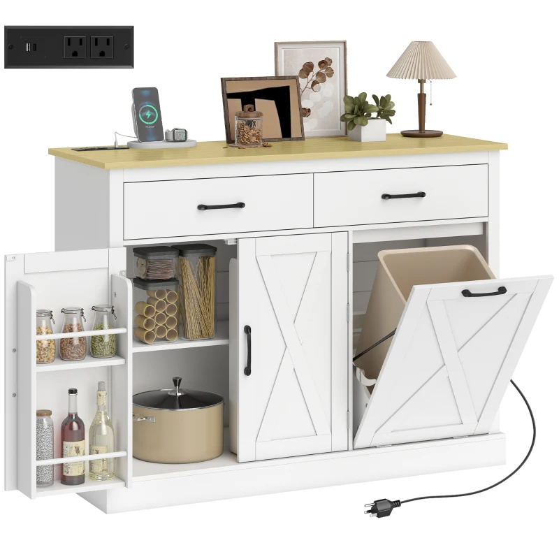 HOMCOM 7 Gallon Tilt Out Garbage Cabinet, Kitchen Island with Charging Station, 2 Drawers, 4 Door Racks, White