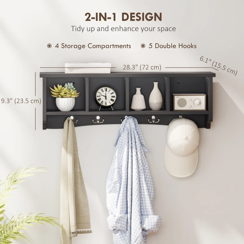 HOMCOM Coat Rack Wall Mount with Shelf, 28" Wall Coat Rack with 5 Hooks and 4 Compartments for Living Room, Entryway, Black