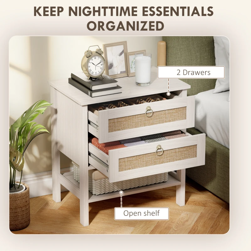 HOMCOM Set of 2 Boho Bedside Tables, Rattan Nightstands with 2 Drawers, Storage Shelf, End Side Tables for Bedroom, White Oak