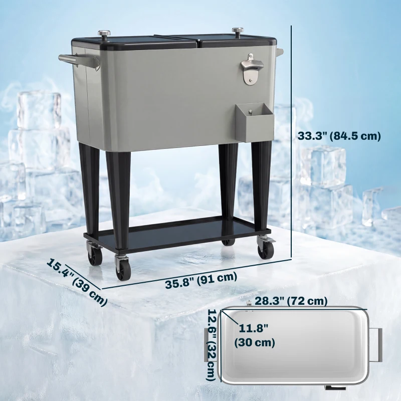 Outsunny 80 Quart Rolling Patio Cooler Cart with Storage Shelf, Patio Cooler with Locking Wheels, Bottle Opener & Cap Catcher