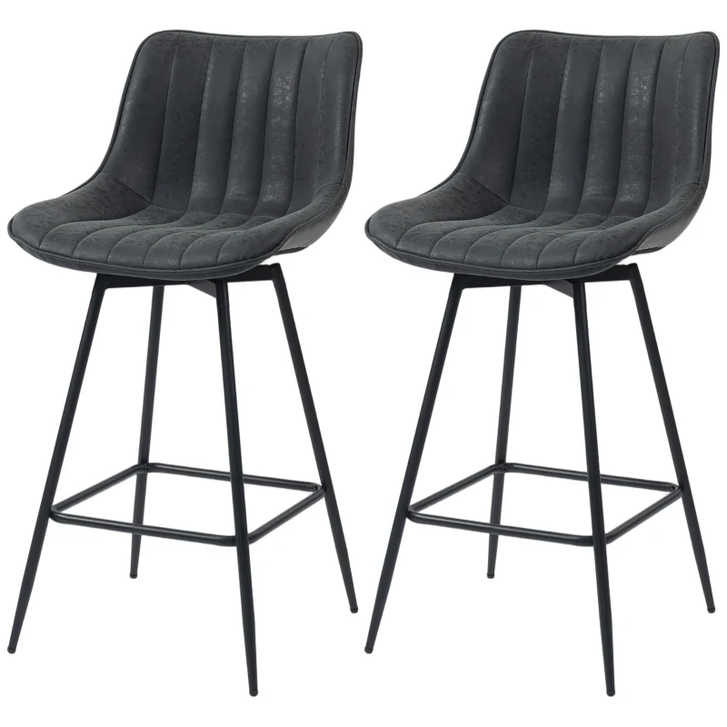 HOMCOM Set of 2 Counter Height Barstools, PU Leather Upholstered Bar Stools with Backrest, Footrest and Steel Legs, Black