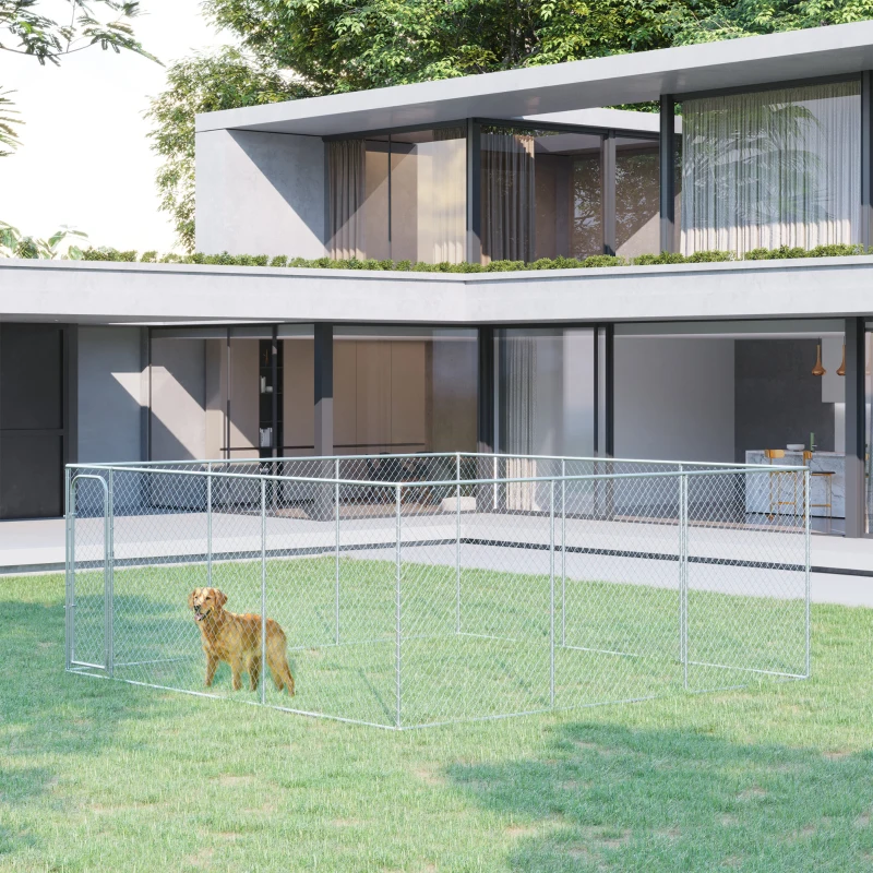 PawHut Dog Kennel Outdoor Galvanized Chain Link Fence Heavy Duty Pet Run House Chicken Coop with Secure Lock Mesh Sidewalls for Backyard Garden Silver, 15' L x 15' W x 5.9' H