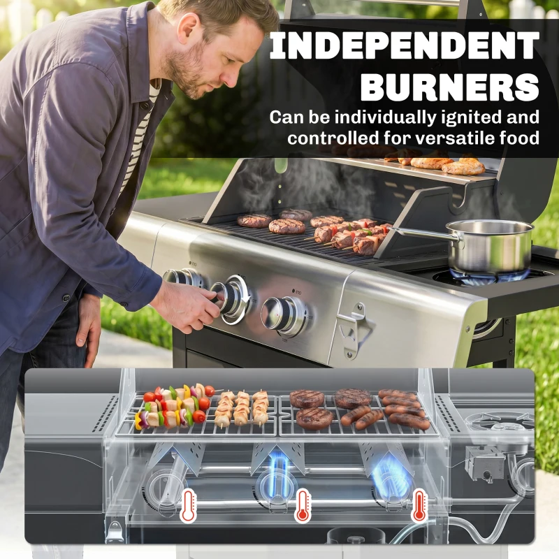 Outsunny 3 Burner Propane Gas Grill with Side Burner, 36,000 BTU BBQ Grill with Cast Iron Grates, Wheels, Warming Rack, Cabinet