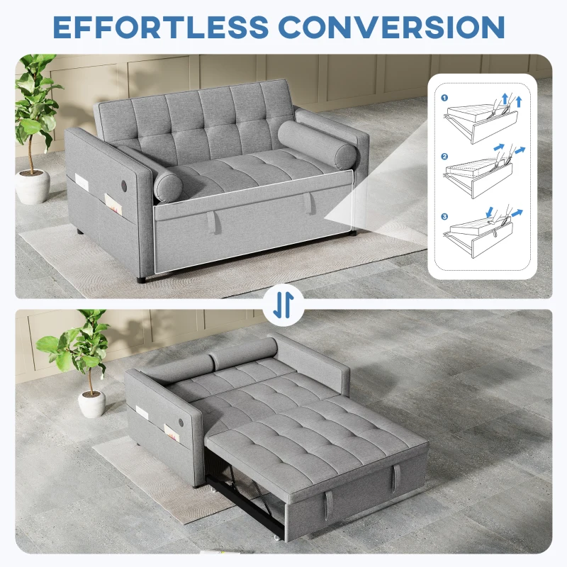 HOMCOM Pull Out Sofa Bed, Sleeper Sofa Couch with USB Ports, Small Linen Loveseat Futon Couch for Living Room, Grey