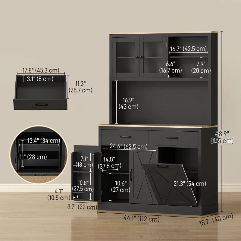 HOMCOM 69" Kitchen Pantry Cabinet with Charging Station Kitchen Cabinet with Microwave Stand 7 Gallon Trash Can Cabinet Black
