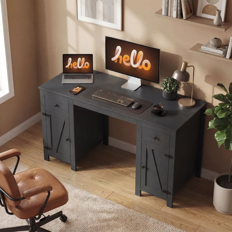 HOMCOM 53" Farmhouse Executive Desk, Computer Desk with Drawers and 2 Cabinets, Study Table for Home Office, Black Wood Grain