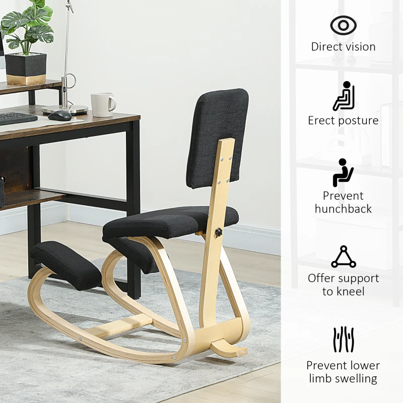 HOMCOM Ergonomic Kneeling Chair, Rocking Wood Kneel Stool with Backrest for Improve Posture, Back Pain, Black