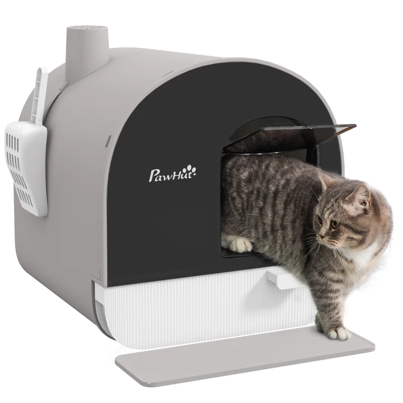 PawHut Cat Litter Box with Lid, Removable Tray, Scoop, Filter, Light Grey