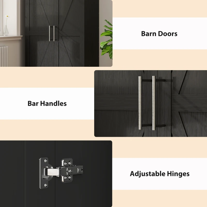 HOMCOM Wardrobe Cabinet with 2 Barn Doors and Hanging Rod, Farmhouse Armoire Wardrobe Closet for Bedroom, Black Wood Effect