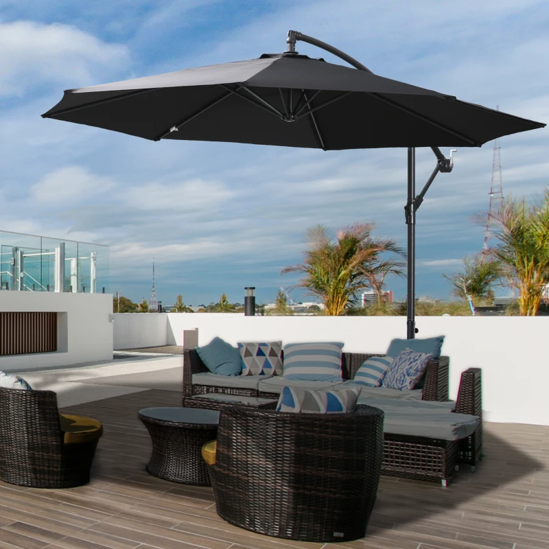 Outsunny 9.7ft Offset Patio UmbrellaCantilever Parasol with Crank Handle, 8 Ribs and Cross Base for Outdoor, Sun Shade, Black