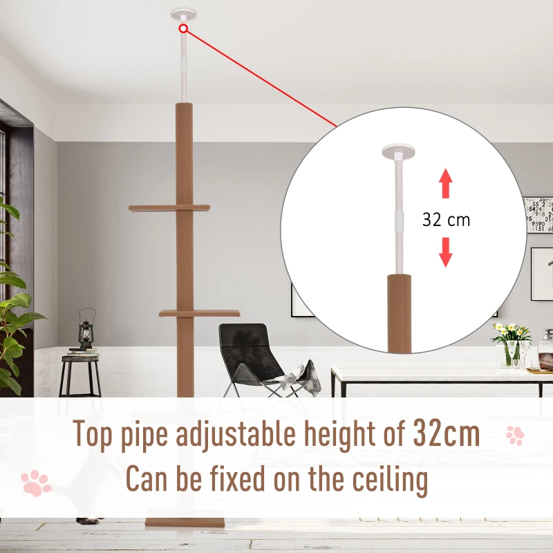PawHut Floor-to-Ceiling Cat Tree Cat Climbing Tower with Sisal-Covered Scratching Posts Natural Cat Tree Activity Center for Kittens Cat Tower Furniture, Brown
