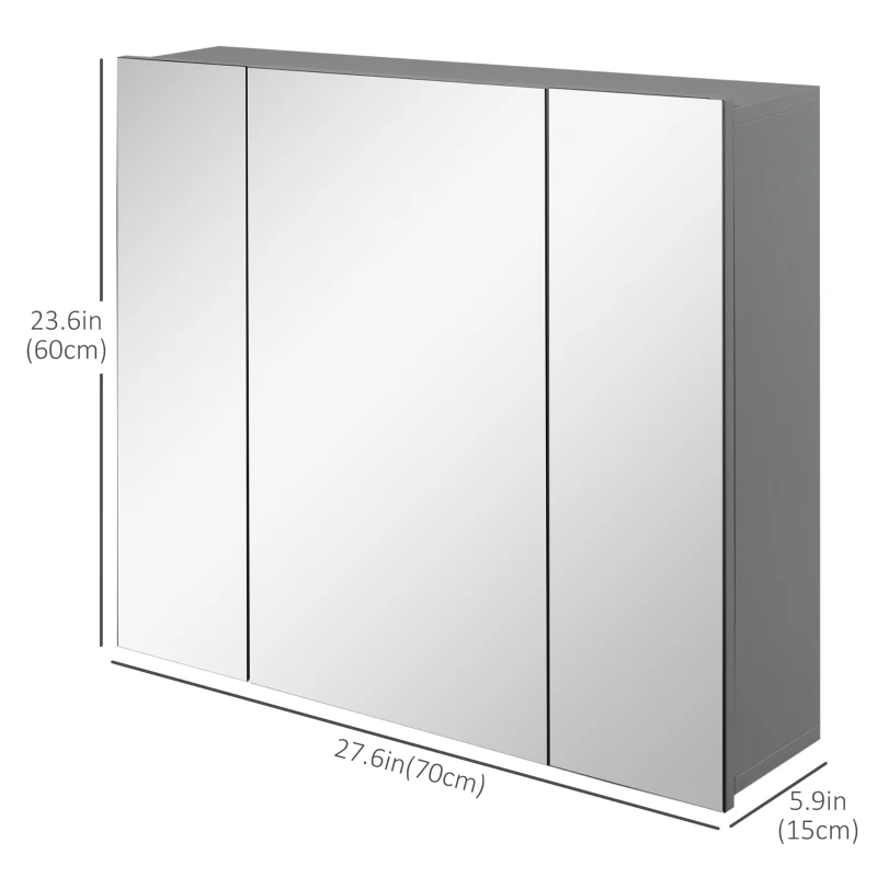 kleankin 28" x 24" Wall Mounted Bathroom Cabinet with Mirror, Bathroom Medicine Cabinet with 3 Doors Adjustable Shelves, Grey