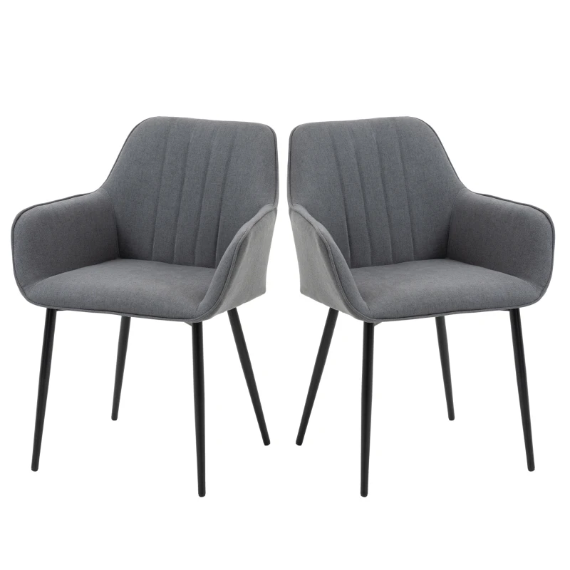 HOMCOM Dining Chairs Set of 2, Linen Upholstery Accent Chair with Back, Armrest, Metal Legs, Dark Grey