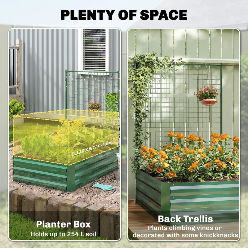 Outsunny Galvanized Raised Garden Bed with Trellis for Climbing Plants, Outdoor Planter Box with Open Bottom, Green