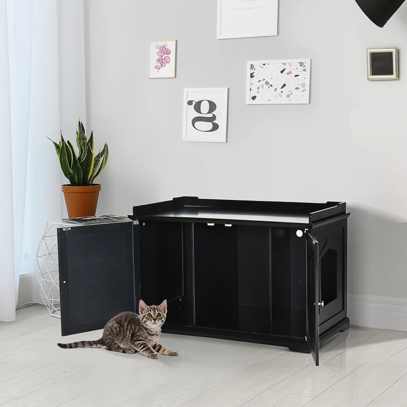 PawHut 37.5" Wooden Covered Mess Free Cat Litter Box End Table Hideaway Cabinet with Storage for Accessories, Black