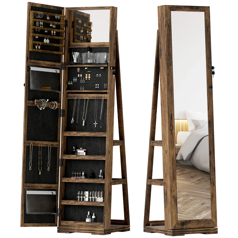 HOMCOM 360° Swivel Jewelry Armoire, Lockable Mirror Jewelry Cabinet with Built-In Small Mirror, Rustic Brown