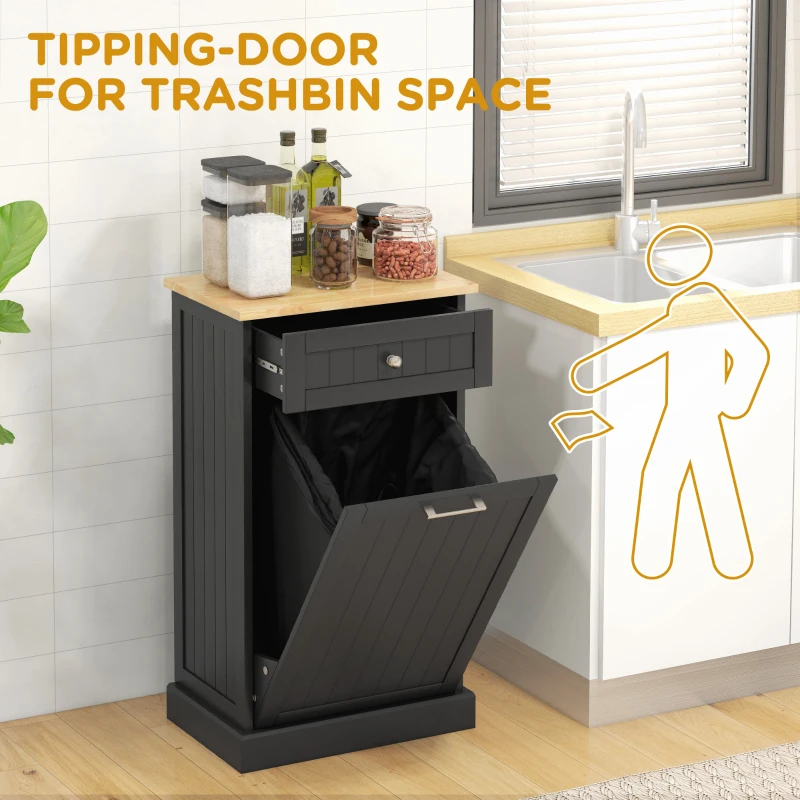 HOMCOM Kitchen Tilt Out Trash Bin Cabinet, Free Standing Recycling Cabinet, Trash Can Holder with Drawer, Black