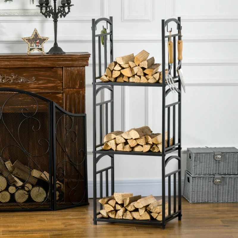 Outsunny 3-Tier Firewood Rack Heavy Duty Wood Storage Log Stacking Shelf with Hanging Hooks, Outdoor Indoor Use, Black