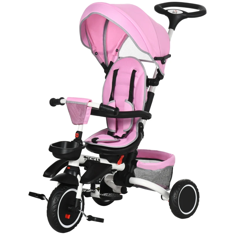 Aosom Tricycle for Toddler 6-in-1 Kids Trike, Foldable Converts Stroller to Baby Push Bike, Adjustable Backrest with Detachable Guardrail & Handle, Brake for 1-4 Years Old, Pink