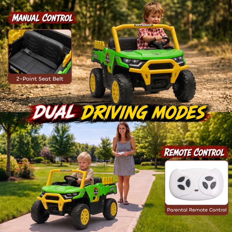 Qaba Kids Ride On Tractor, 12V Electric Tractor with Remote Control, Dual Motors, Music, Cargo Bed, Rear Suspension, Green