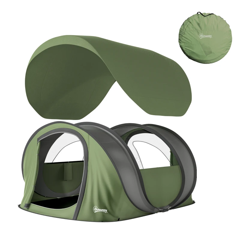 Outsunny Family Tent  Pop-Up Camping Tent with 2 Doors 2 Windows for 4-5 Person Waterproof Green