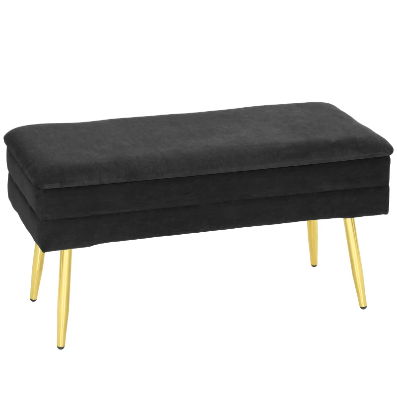 HOMCOM 31" Storage Ottoman, Velvet End of Bed Bench with Steel Legs, Foot Stool with Storage for Bedroom, Living Room, Black