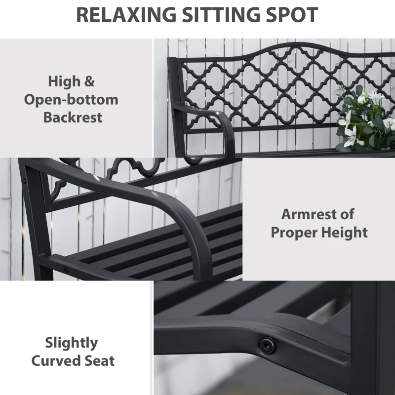 Outsunny 2-Seater Steel Garden Bench, Antique Outdoor Loveseat with Armrests and Chic Backrest for Yard, Lawn, Patio, Black