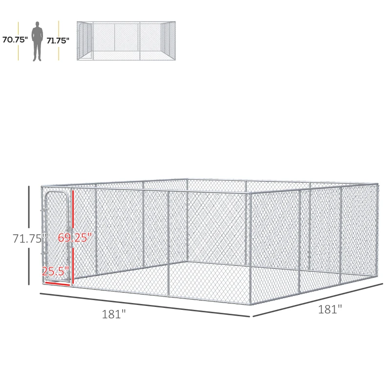 PawHut Dog Kennel Outdoor Galvanized Chain Link Fence Heavy Duty Pet Run House Chicken Coop with Secure Lock Mesh Sidewalls for Backyard Garden Silver, 15' L x 15' W x 5.9' H