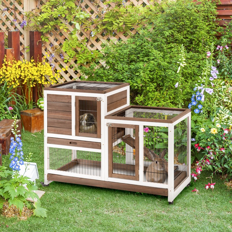 PawHut Wooden Rabbit Hutch Elevated Bunny Cage Indoor Small Animal Habitat with Enclosed Run with Wheels, Ramp, Brown